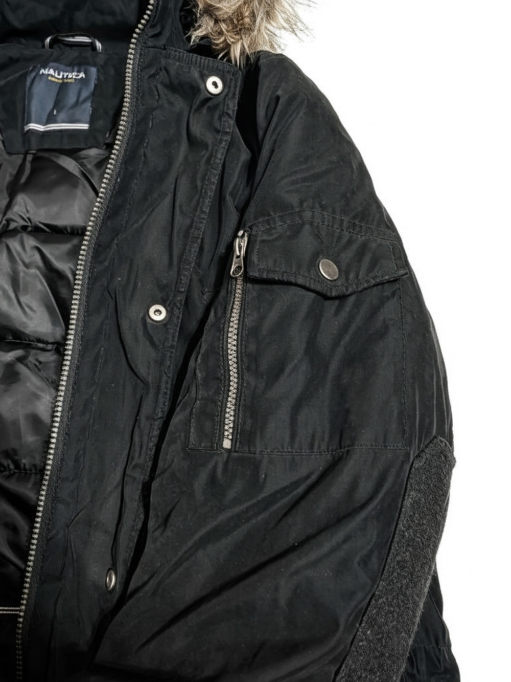 Nautica Men's Winter Large Black Hooded Jacket Puffer Parka with Faux Fur Trim - Picture 6 of 10